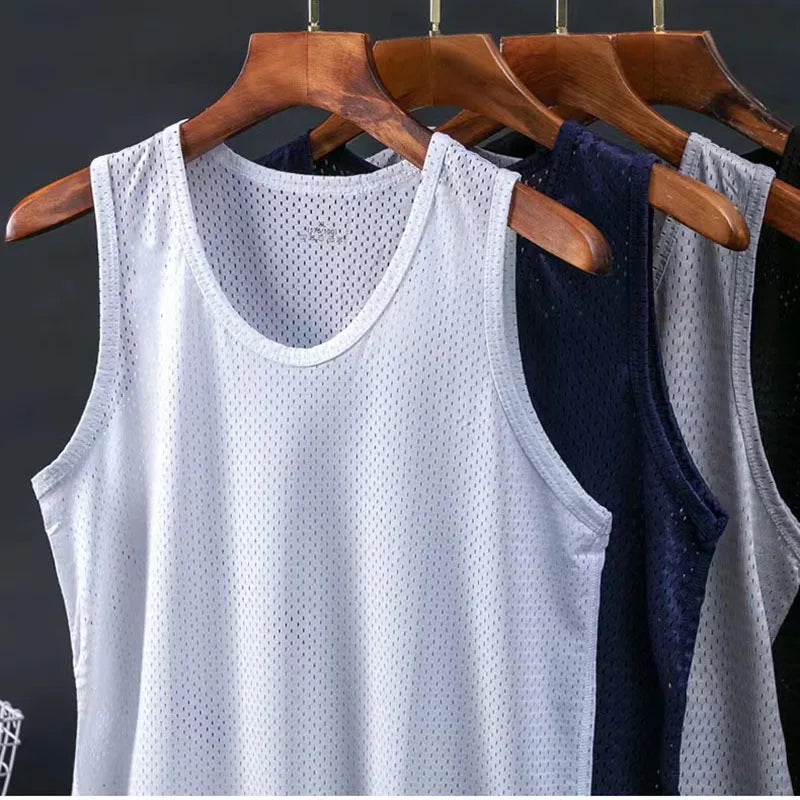Débardeur en maille de soie glacée pour hommes, Stringer de gymnastique, chemise de musculation transparente, gilet de Fitness, Singlets musculaires en maille