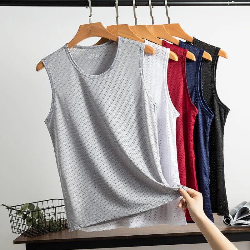 Débardeur en maille de soie glacée pour hommes, Stringer de gymnastique, chemise de musculation transparente, gilet de Fitness, Singlets musculaires en maille