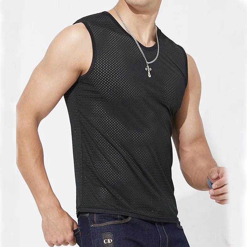 Débardeur en maille de soie glacée pour hommes, Stringer de gymnastique, chemise de musculation transparente, gilet de Fitness, Singlets musculaires en maille